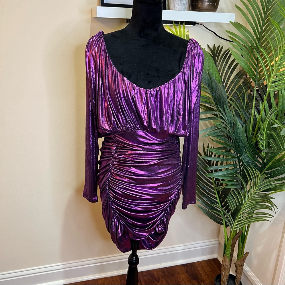 Express Metallic Purple V-Neck Long Sleeve Ruched Mini Sheath Dress Medium - Picture 3 of 9